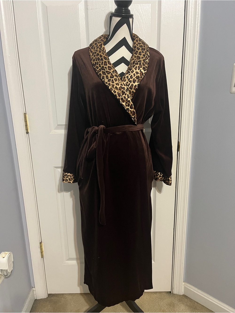 Leopard Trim Brown Velvet Long Robe - Women's Intimates, Small